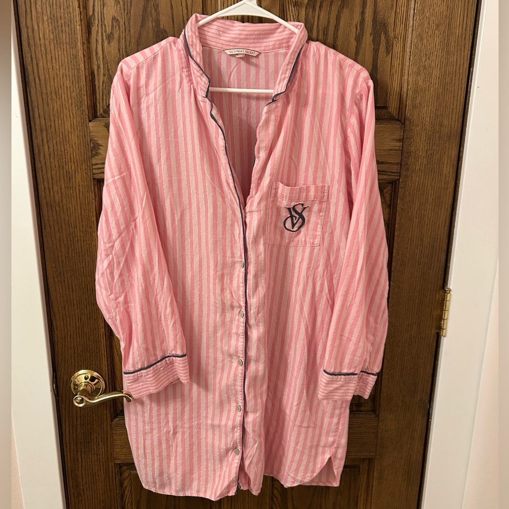 Victoria's Secret Pink Stripe Cotton Sleep Shirt w/Navy Trim